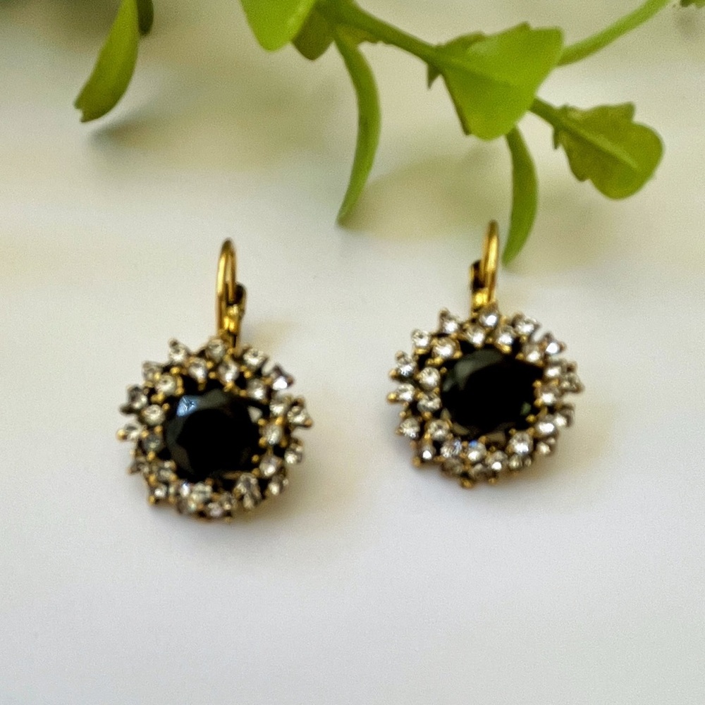 Boho Ethnic Jet Black Crystal Rhinestones Flower Drop Lever Back Earrings - NWT - Picture 3 of 12